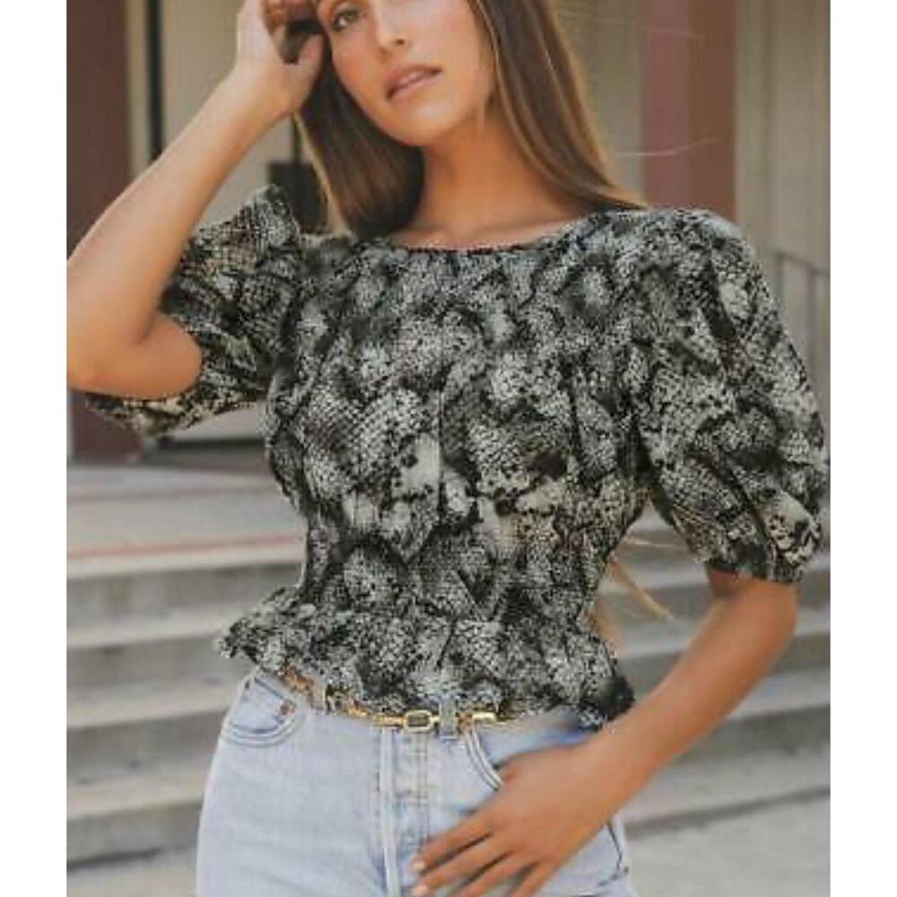 Free People Gray XOXO Blouse Snake Print Puff Sleeve Smocked Crop Top Small NWOT